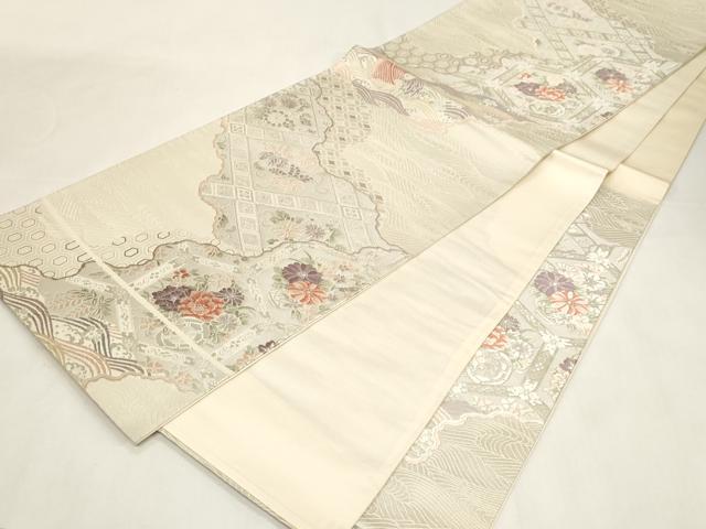 平和屋着物◎六通柄袋帯　唐織　道長花鳥文　銀糸　正絹　逸品　CABF6036dy