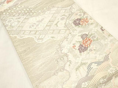 平和屋着物◎六通柄袋帯　唐織　道長花鳥文　銀糸　正絹　逸品　CABF6036dy