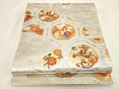 平和屋着物◎六通柄袋帯　地紙鳳凰花丸文　金銀糸　正絹　逸品　CABF6039dy