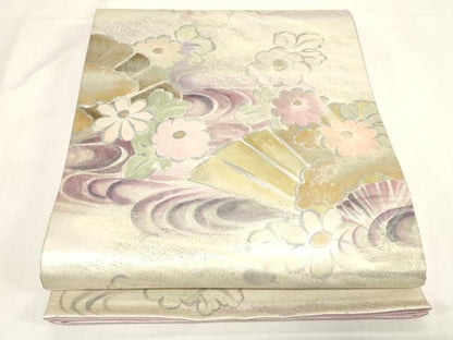平和屋着物◎六通柄袋帯　手描き　流水草花文　金銀彩　正絹　逸品　CABF6044dy