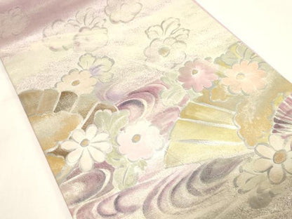 平和屋着物◎六通柄袋帯　手描き　流水草花文　金銀彩　正絹　逸品　CABF6044dy