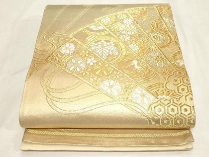 平和屋着物◎六通柄袋帯 桧扇鶴花文 金糸 正絹 逸品 CABF6047dy