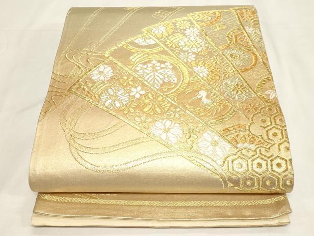 平和屋着物◎六通柄袋帯 桧扇鶴花文 金糸 正絹 逸品 CABF6047dy