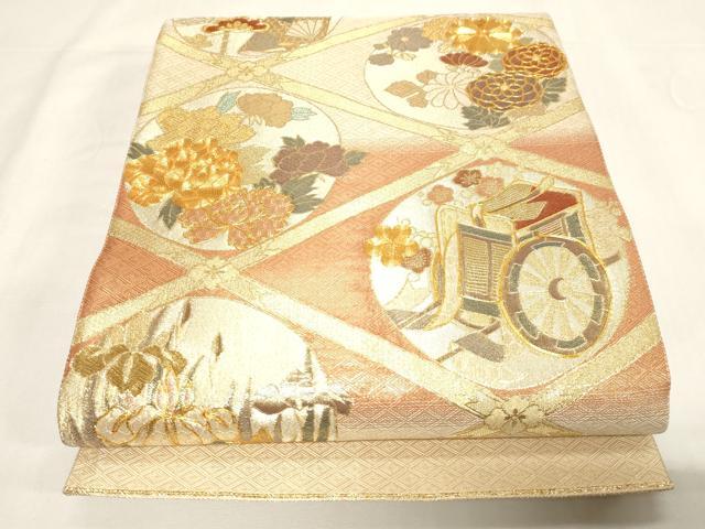 平和屋着物◎佐賀錦 太鼓柄袋帯 駒刺繍 菱御所車花丸文 金糸 正絹 逸品 CABF6048dy