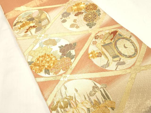 平和屋着物◎佐賀錦 太鼓柄袋帯 駒刺繍 菱御所車花丸文 金糸 正絹 逸品 CABF6048dy