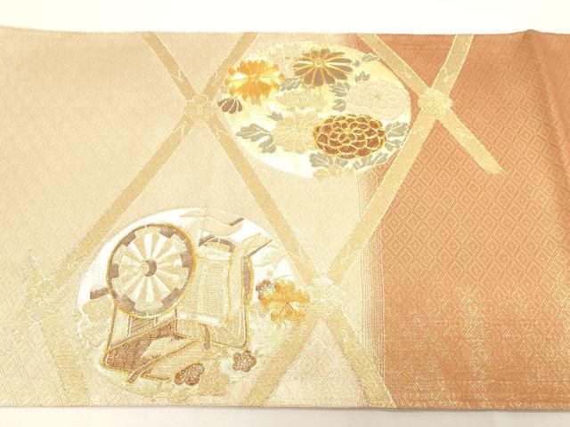 平和屋着物◎佐賀錦 太鼓柄袋帯 駒刺繍 菱御所車花丸文 金糸 正絹 逸品 CABF6048dy