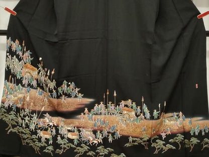 平和屋着物■豪華黒留袖　駒刺繍　萬寿染　人物文　暈し染め　金銀彩　正絹　逸品　CABF6131dy