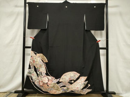 平和屋着物■豪華黒留袖 駒刺繍 地紙鶴花文 金彩 正絹 逸品 CABF6149dy