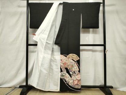 平和屋着物■豪華黒留袖 駒刺繍 地紙鶴花文 金彩 正絹 逸品 CABF6149dy