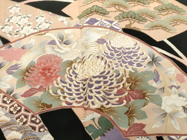 平和屋着物■豪華黒留袖 駒刺繍 地紙鶴花文 金彩 正絹 逸品 CABF6149dy