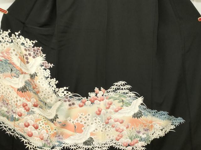 平和屋着物■豪華黒留袖　飛鶴草花文　暈し染め　正絹　逸品　CABF6157dy