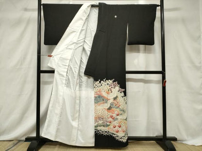 平和屋着物■豪華黒留袖　飛鶴草花文　暈し染め　正絹　逸品　CABF6157dy