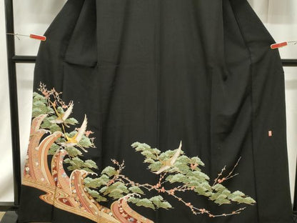 平和屋着物■豪華黒留袖　駒刺繍　萬寿染　飛鶴草花文　金彩　正絹　逸品　CABF6158dy