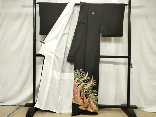 平和屋着物■豪華黒留袖　駒刺繍　萬寿染　飛鶴草花文　金彩　正絹　逸品　CABF6158dy