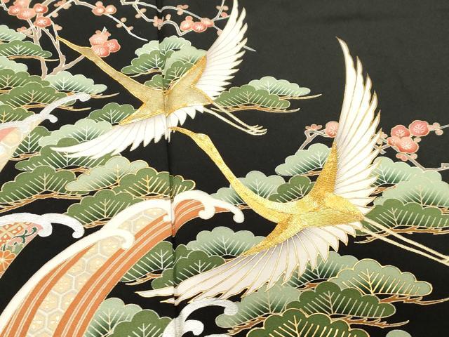 平和屋着物■豪華黒留袖　駒刺繍　萬寿染　飛鶴草花文　金彩　正絹　逸品　CABF6158dy