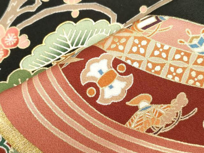 平和屋着物■豪華黒留袖　駒刺繍　萬寿染　飛鶴草花文　金彩　正絹　逸品　CABF6158dy