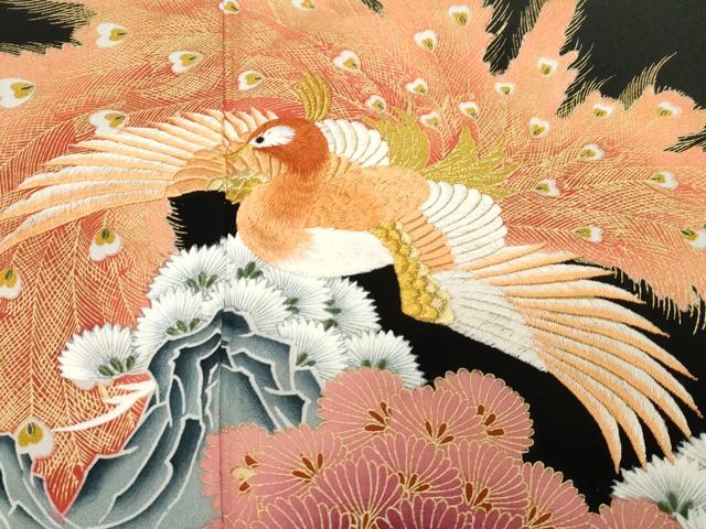 平和屋着物■豪華黒留袖　刺繍　孔雀花文　金彩　正絹　逸品　CABF6159dy