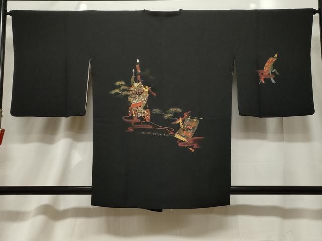 平和屋着物＃道行コート　鉾　吉祥文　黒地　金彩　正絹　逸品　CABF6169dy