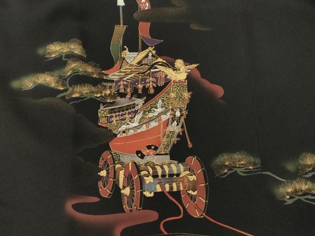 平和屋着物＃道行コート　鉾　吉祥文　黒地　金彩　正絹　逸品　CABF6169dy