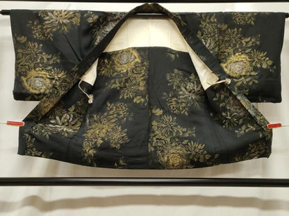 平和屋着物＃羽織　寿光織　草花文　黒地　金銀糸　正絹　逸品　CABF6171dy