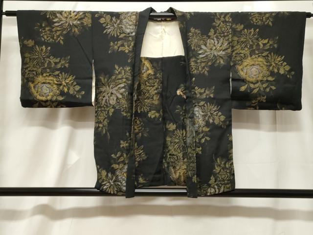 平和屋着物＃羽織　寿光織　草花文　黒地　金銀糸　正絹　逸品　CABF6171dy
