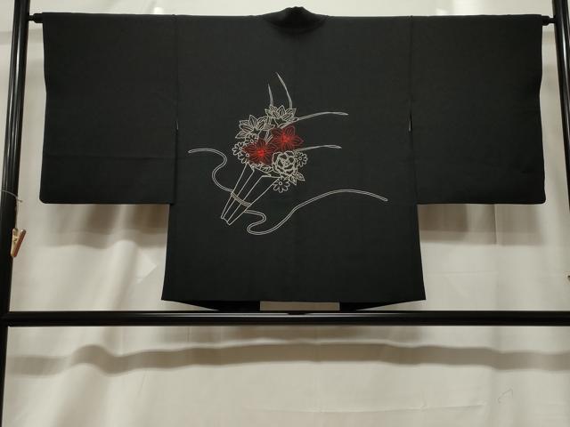 平和屋着物＃中国三大刺繍　相良刺繍　総刺繍　羽織　草花文　黒地　正絹　逸品　CABF6173dy