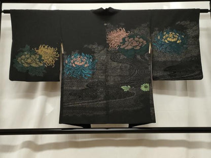 平和屋着物＃羽織　寿光織　流水菊花文　黒地　金銀糸　正絹　逸品　CABF6174dy
