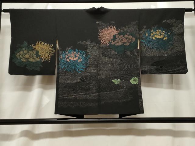 平和屋着物＃羽織　寿光織　流水菊花文　黒地　金銀糸　正絹　逸品　CABF6174dy