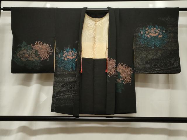 平和屋着物＃羽織　寿光織　流水菊花文　黒地　金銀糸　正絹　逸品　CABF6174dy