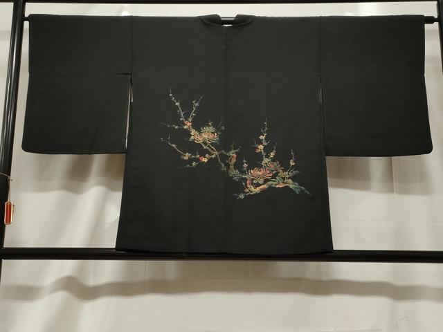 平和屋着物＃羽織　寿光織　枝菊　黒地　金糸　正絹　逸品　CABF6176dy