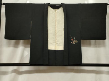 平和屋着物＃羽織　寿光織　枝菊　黒地　金糸　正絹　逸品　CABF6176dy