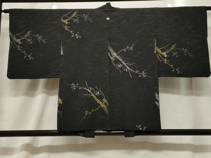 平和屋着物＃羽織　寿光織　枝花文　黒地　金銀糸　正絹　逸品　CABF6192dy