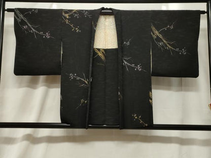 平和屋着物＃羽織　寿光織　枝花文　黒地　金銀糸　正絹　逸品　CABF6192dy