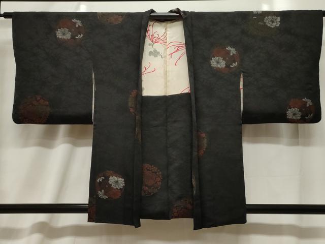 平和屋着物＃羽織　花丸文　黒地　銀糸　正絹　逸品　CABF6194dy