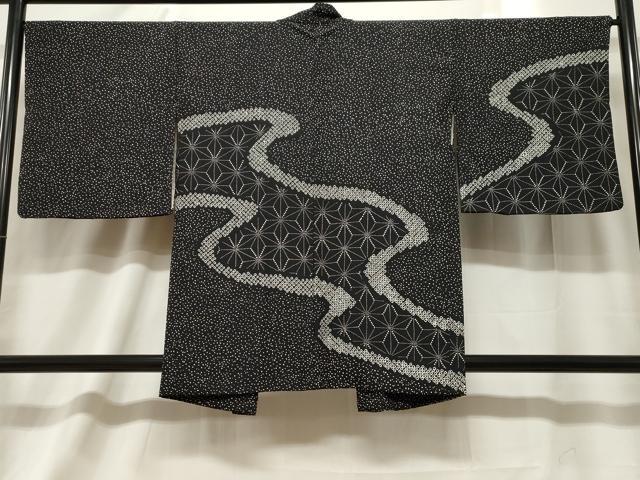 平和屋着物＃羽織　絞り　流水麻の葉文　黒地　正絹　逸品　CABF6195dy