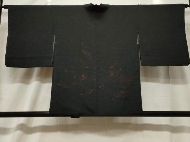 平和屋着物＃羽織　寿光織　草花文　黒地　正絹　逸品　CABF6196dy