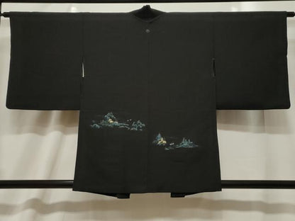 平和屋着物＃羽織　寿光織　風景文　黒地　金糸　正絹　逸品　CABF6199dy