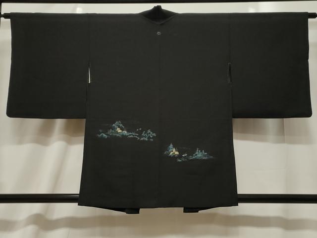 平和屋着物＃羽織　寿光織　風景文　黒地　金糸　正絹　逸品　CABF6199dy