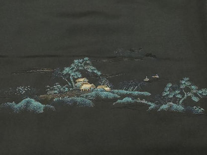 平和屋着物＃羽織　寿光織　風景文　黒地　金糸　正絹　逸品　CABF6199dy