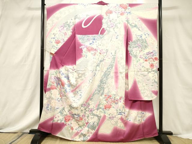 平和屋着物■豪華振袖 駒刺繍 雪輪御所車花文 銀彩 正絹 逸品 CABF6221dy