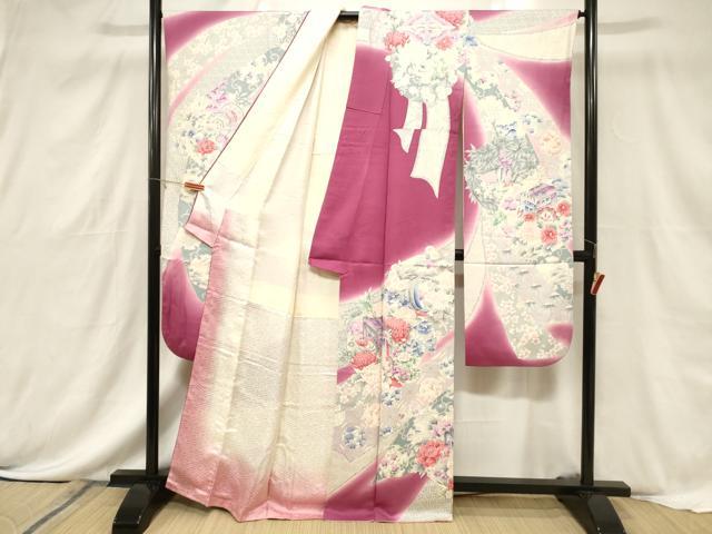 平和屋着物■豪華振袖 駒刺繍 雪輪御所車花文 銀彩 正絹 逸品 CABF6221dy