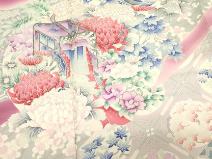 平和屋着物■豪華振袖 駒刺繍 雪輪御所車花文 銀彩 正絹 逸品 CABF6221dy