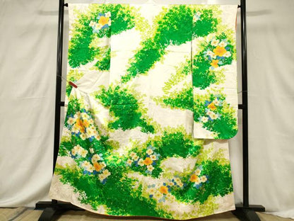 平和屋着物■豪華振袖　手描き　駒刺繍　草花文　金彩　正絹　逸品　CABF6240dy
