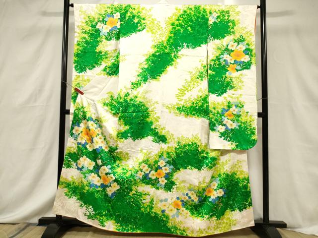 平和屋着物■豪華振袖　手描き　駒刺繍　草花文　金彩　正絹　逸品　CABF6240dy