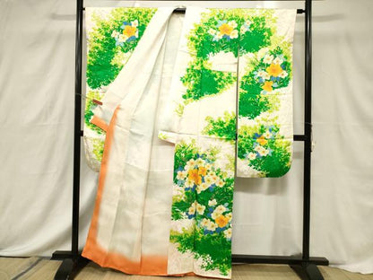 平和屋着物■豪華振袖　手描き　駒刺繍　草花文　金彩　正絹　逸品　CABF6240dy