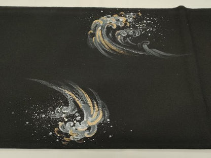 平和屋着物●日本画家　水嶋征夫　太鼓柄袋帯　竜　黒地　金銀彩　鬼しぼ縮緬　正絹　逸品　CABF6268dy