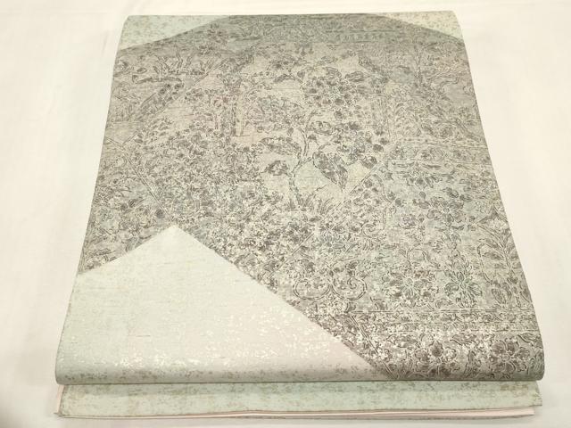 平和屋着物●石川県指定無形文化財　牛首紬　白山工房　手織り　太鼓柄袋帯　切嵌草花文　金彩　正絹　逸品　CABF6284dy