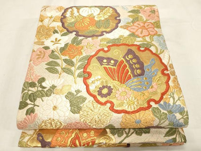 平和屋着物●佐賀錦　六通柄袋帯　唐織　雪輪花蝶文　金糸　正絹　逸品　CABF6287dy
