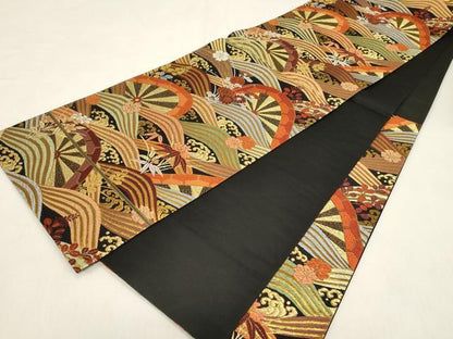 平和屋着物●六通柄袋帯　唐織　片輪車花文　黒地　金糸　正絹　逸品　CABF6288dy