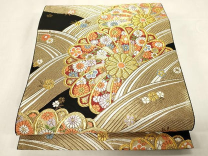 平和屋着物●西陣　服部織物謹製　六通柄袋帯　草花文　黒地　金糸　正絹　逸品　CABF6296dy